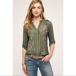 ANTHROPOLOGIE Tiny Lazuli Embroidered Top Green M